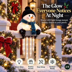 WinterGlow snowman icicle light decor glowing warmly after dark