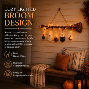 Lighted Fall Broom Wall Hanging - detail view