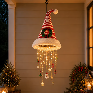 Lighted Santa Hat Hanging Chandelier - Candy Cane Striped Wreath Hat