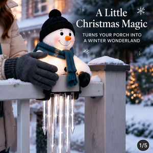 Icicle-style light strands cascading beneath the snowman figure