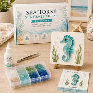 Seahorse sea glass art kit with an ocean-themed mosaic design