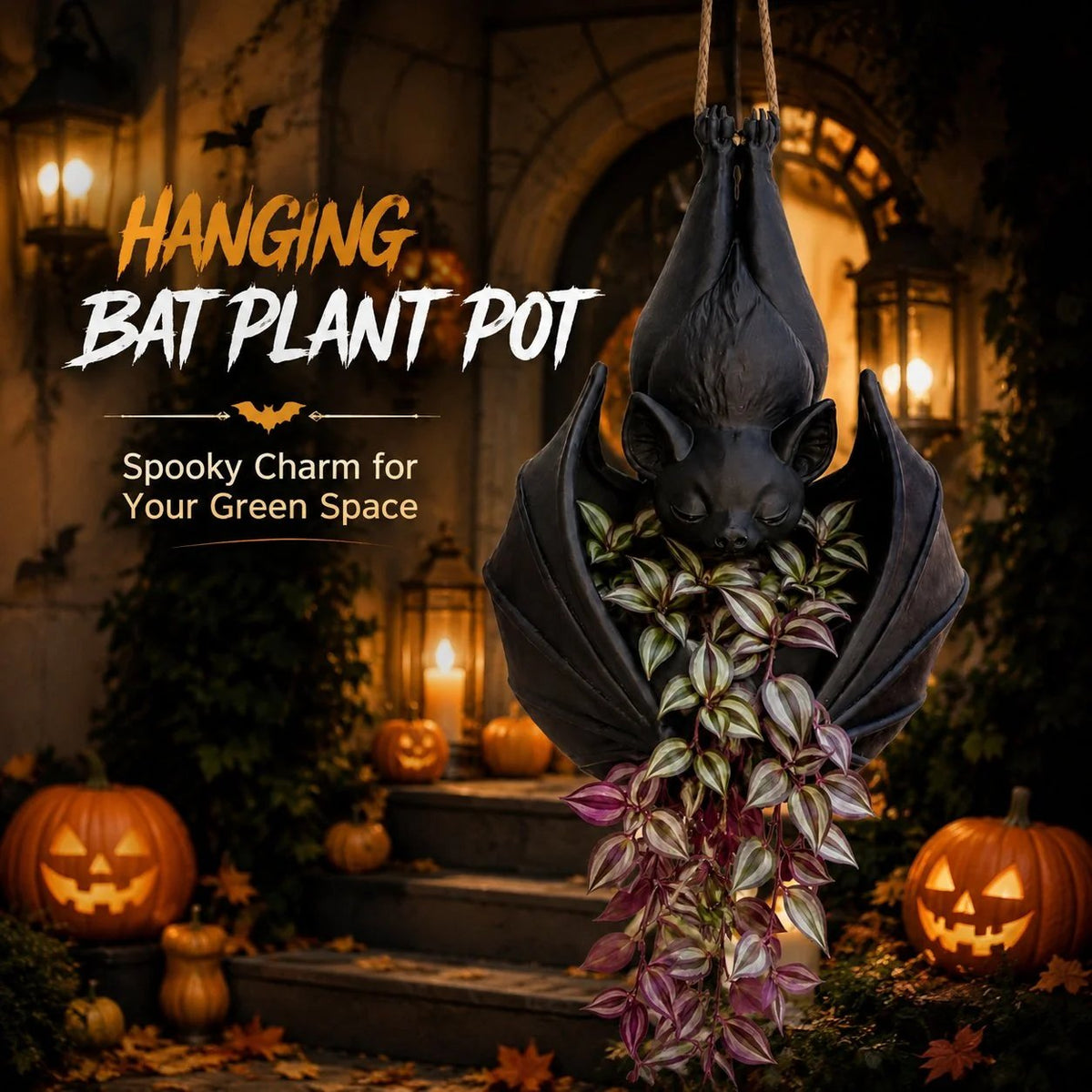 Hanging bat planter with trailing plants, spooky charm for your green space