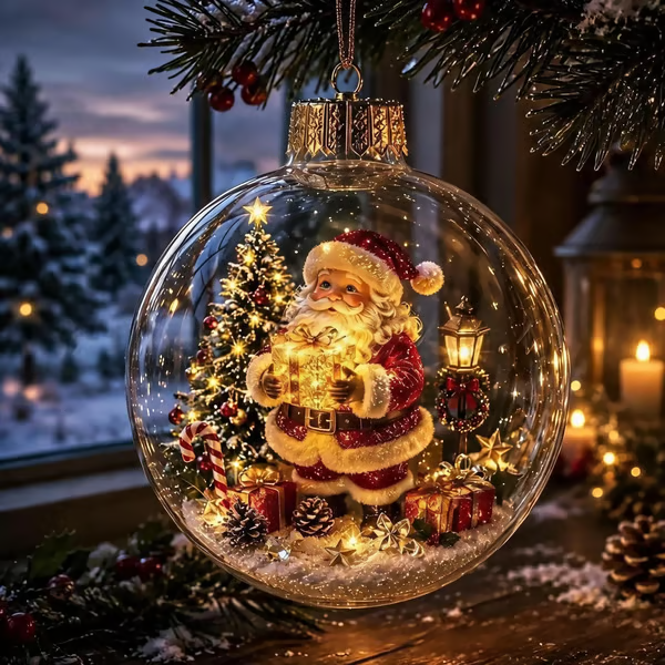 Glowing Christmas Diorama Ornament - Santa Claus