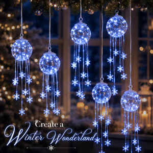 LED hanging snowflake Christmas ornament glowing with a warm winter light