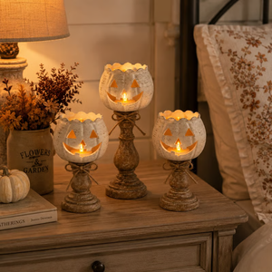 Rustic White Pumpkin Tealight Candle Holders (Set of 3) - detail view