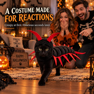 Cat wearing the red legged 3D padded centipede Halloween costume