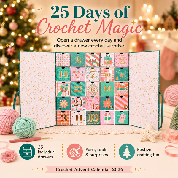Crochet advent calendar with 25 drawers of yarn and crochet surprises