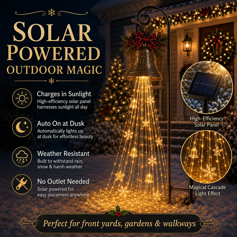 Christmas bell cascade solar yard light with a warm golden flowing holiday glow