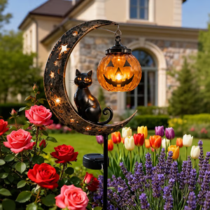 Solar Halloween Black Cat & Pumpkin Moon Garden Stake Light - Style A