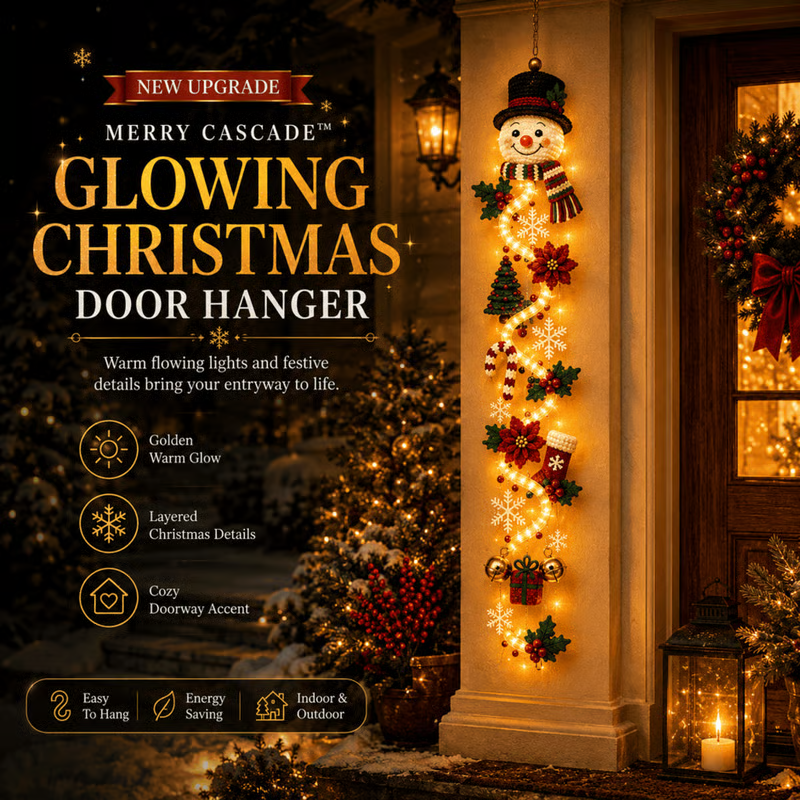 Snowman glowing Christmas door hanger with warm flowing lights