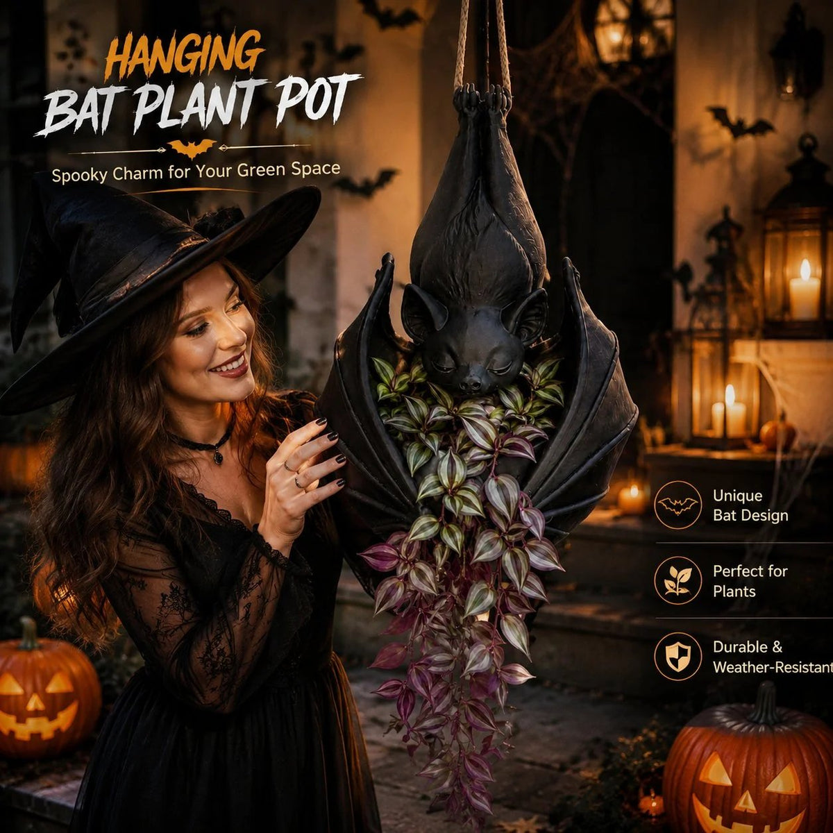 Unique bat design hanging planter that is durable and weather resistant
