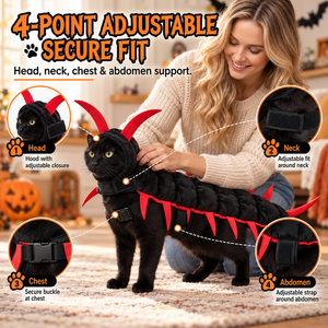 Four point adjustable straps around head, neck, chest and abdomen