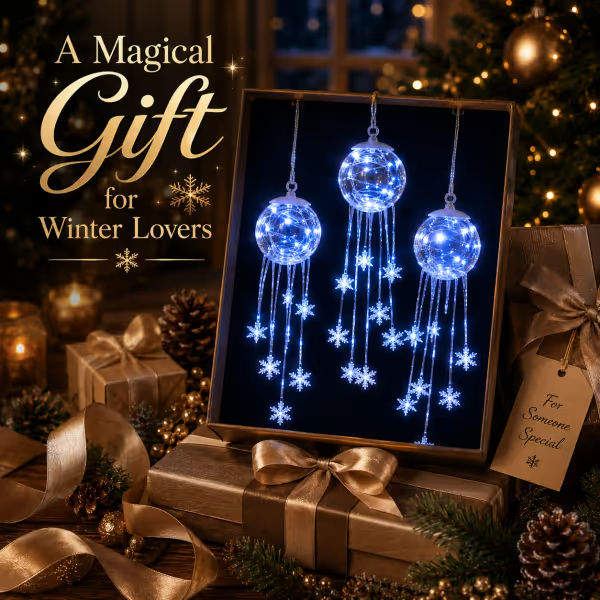 Winter magic snowflake ornament shown in warm white and icy blue light