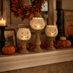 Rustic White Pumpkin Tealight Candle Holders (Set of 3) - detail view