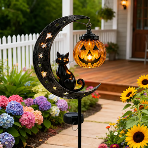 Solar Halloween Black Cat & Pumpkin Moon Garden Stake Light - detail view