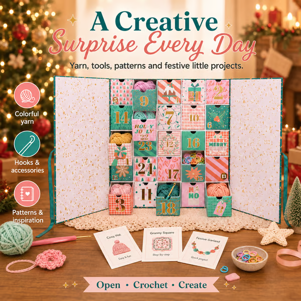 Colourful yarn, crochet accessories and patterns inside the calendar
