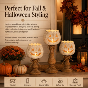 Rustic White Pumpkin Tealight Candle Holders (Set of 3) - detail view