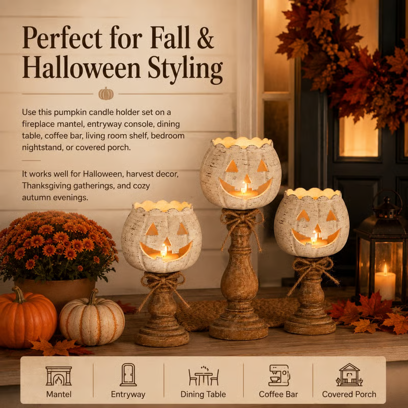 Rustic White Pumpkin Tealight Candle Holders (Set of 3) - detail view