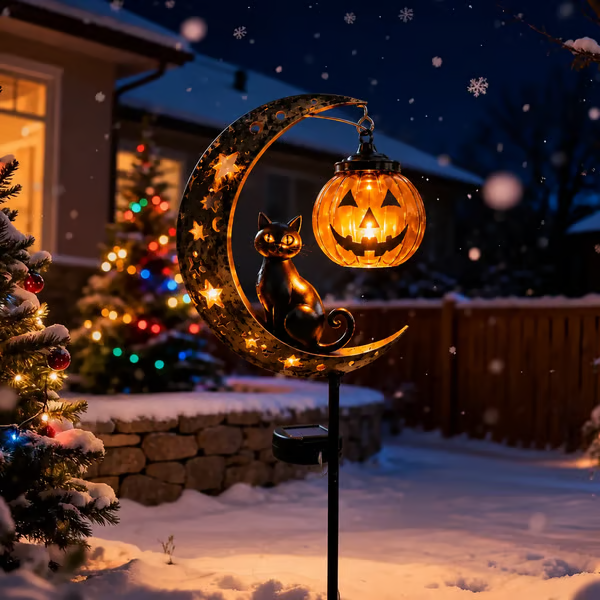 Solar Halloween Black Cat & Pumpkin Moon Garden Stake Light - detail view