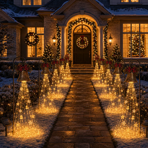 Golden cascade of stars and snowflakes glowing beneath the Christmas bell