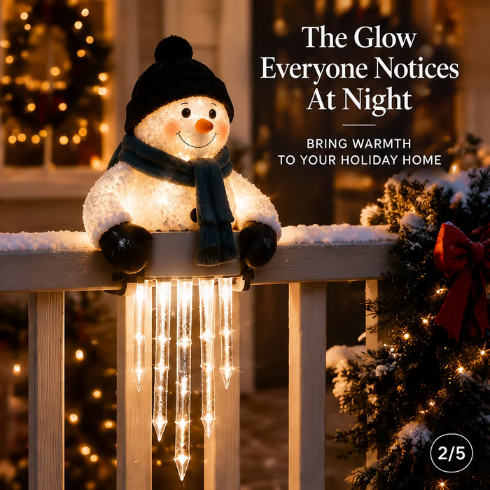 Close-up of the cheerful snowman character and warm LED icicle glow