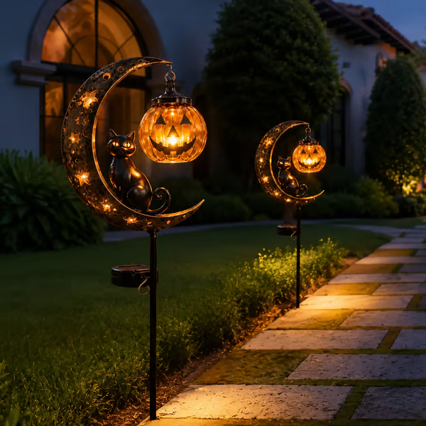 Solar Halloween Black Cat & Pumpkin Moon Garden Stake Light - detail view