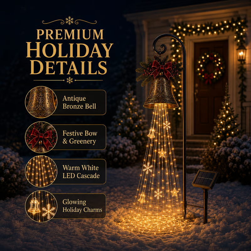 Solar Christmas bell stake light shown during the day and lit up at night