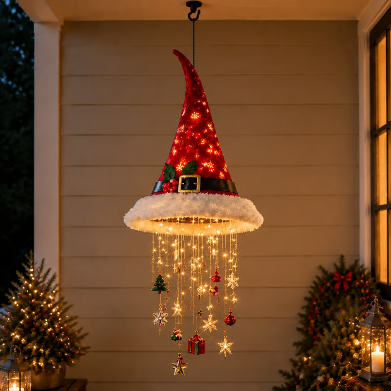Lighted Santa Hat Hanging Chandelier - Belted Santa Hat