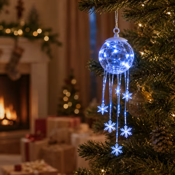 Snowflake ornament hanging in a window as festive winter decoration