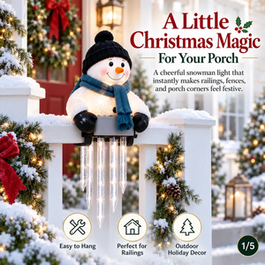 Snowman icicle light decoration styled on an outdoor railing