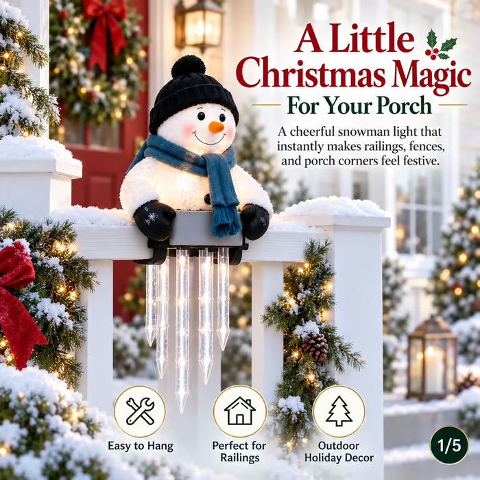 Snowman icicle light decoration styled on an outdoor railing