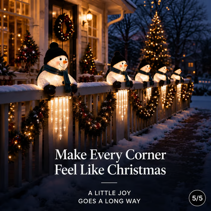 Holiday porch scene with the glowing snowman icicle decoration