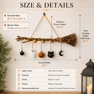 Lighted Fall Broom Wall Hanging - detail view