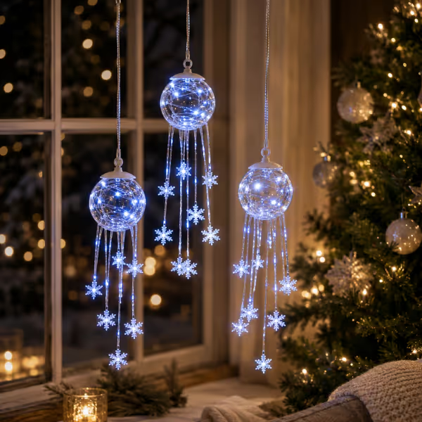 Hanging snowflake light styled on a Christmas tree and against a wall