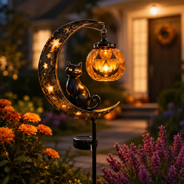 Solar Halloween Black Cat & Pumpkin Moon Garden Stake Light - detail view
