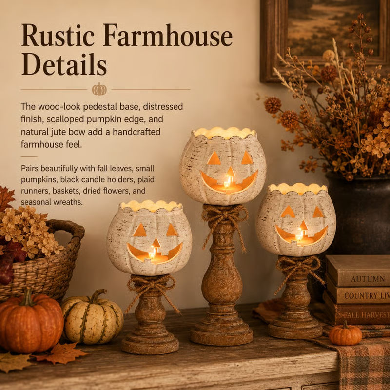 Rustic White Pumpkin Tealight Candle Holders (Set of 3) - detail view