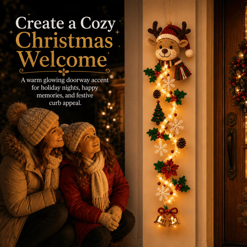 Cozy Christmas welcome created by the glowing door hanger