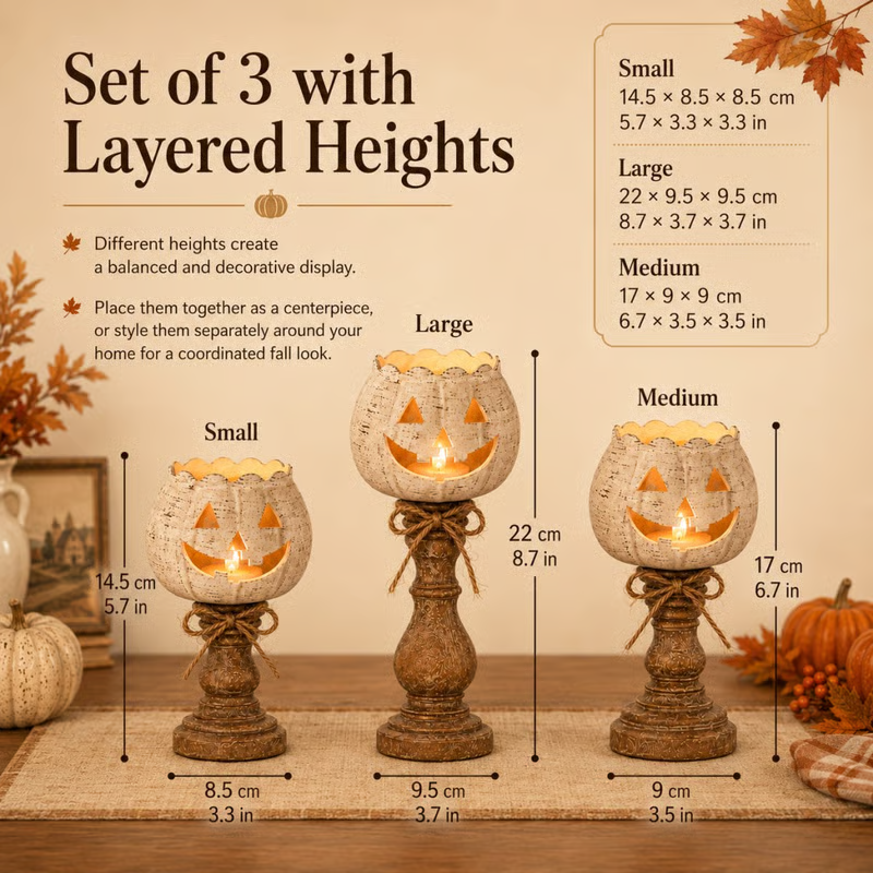 Rustic White Pumpkin Tealight Candle Holders (Set of 3) - detail view
