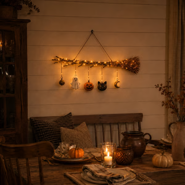 Lighted Fall Broom Wall Hanging - detail view
