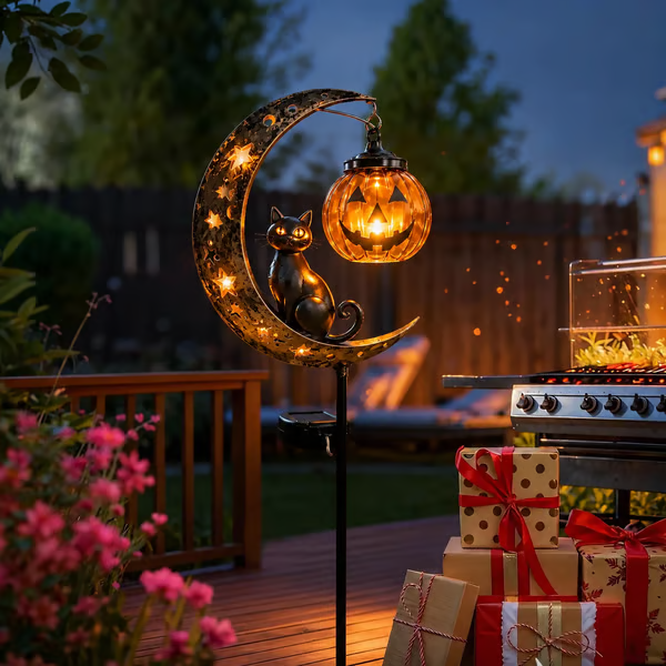 Solar Halloween Black Cat & Pumpkin Moon Garden Stake Light - detail view