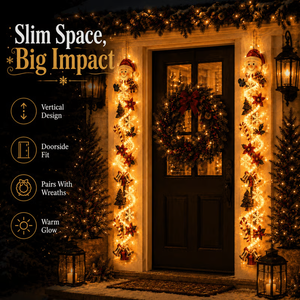 Glowing door hanger lit up on a front door at night