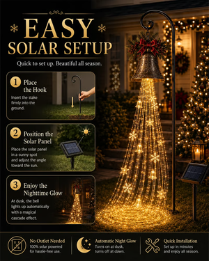 Separate solar panel charging the Christmas bell cascade yard light