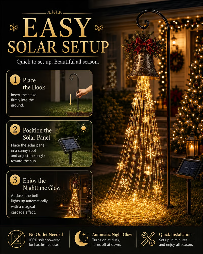 Separate solar panel charging the Christmas bell cascade yard light