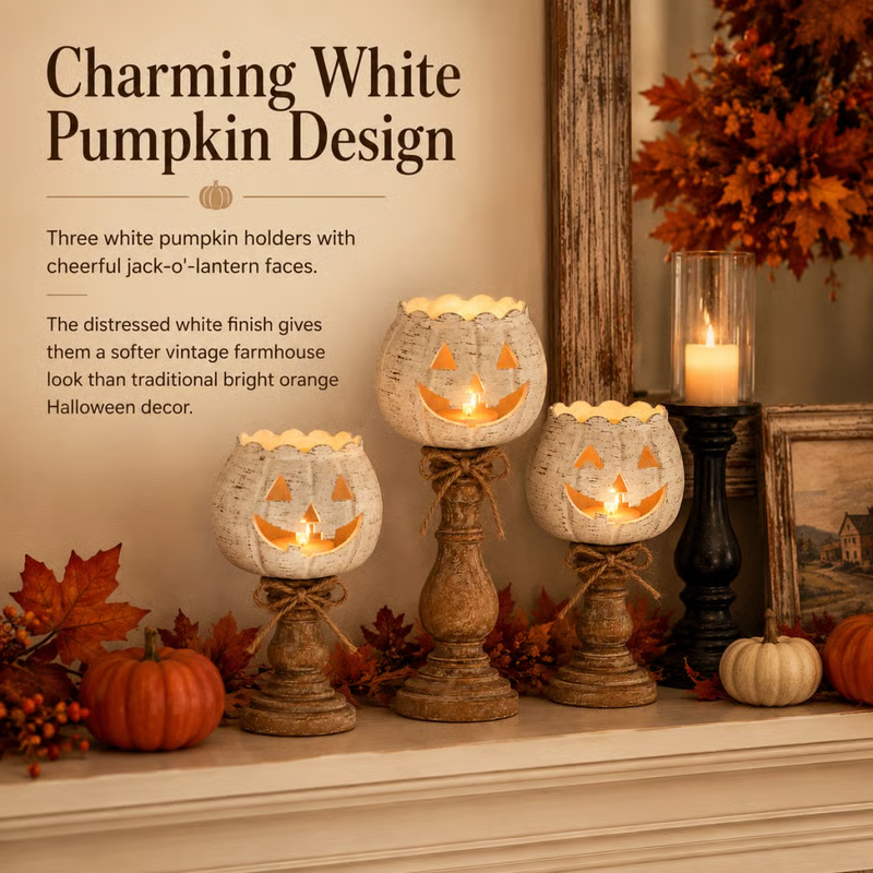 Rustic White Pumpkin Tealight Candle Holders (Set of 3) - detail view