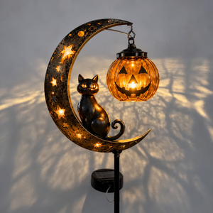 Solar Halloween Black Cat & Pumpkin Moon Garden Stake Light - detail view