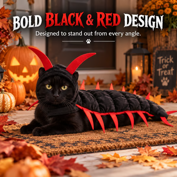 Bold black and red design of the cat centipede costume
