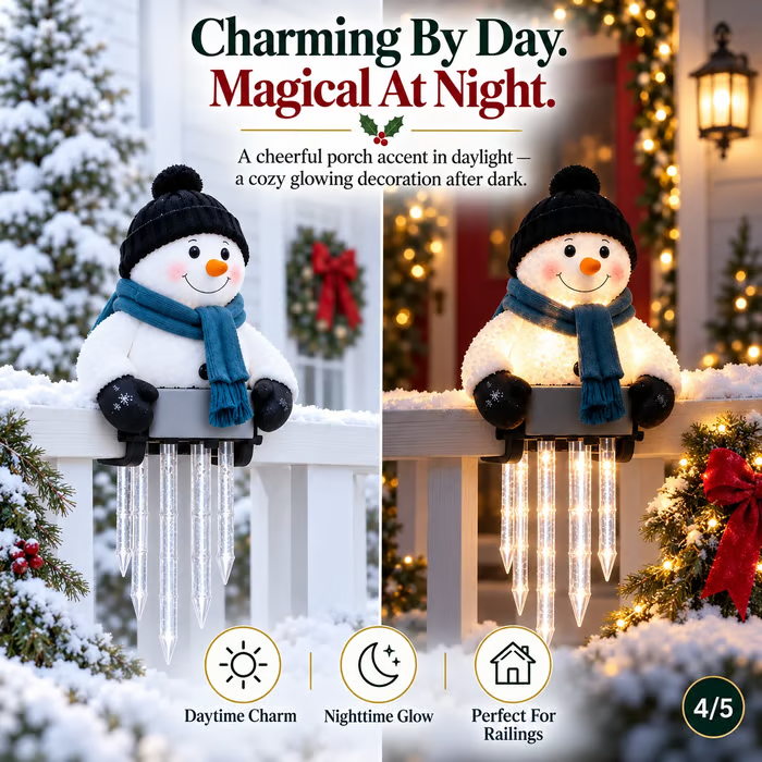 Snowman Christmas decor adding festive character to an entryway