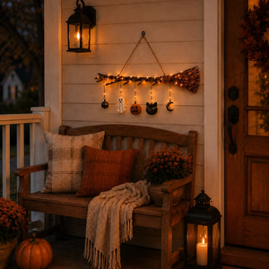 Lighted Fall Broom Wall Hanging - detail view