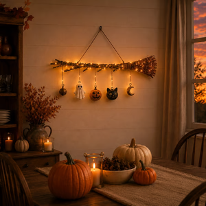 Lighted Fall Broom Wall Hanging - detail view