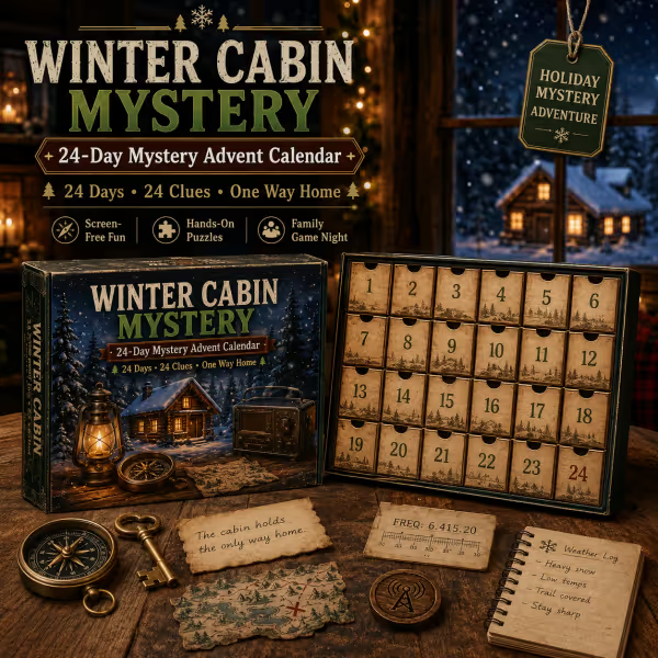 Family opening a daily compartment of the mystery adventure advent calendar